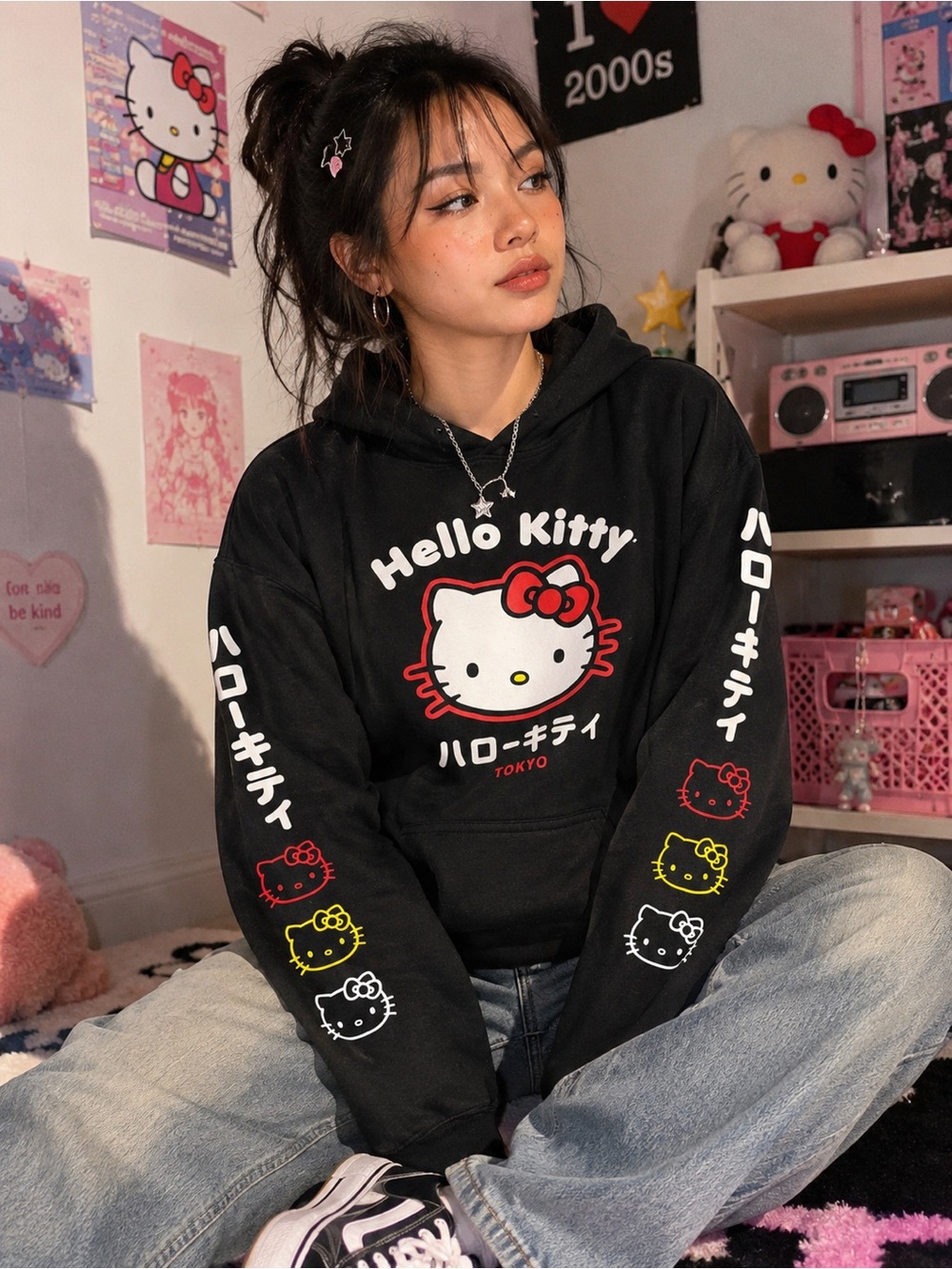 Hello Kitty Black Hoodie with Red and White Graphic